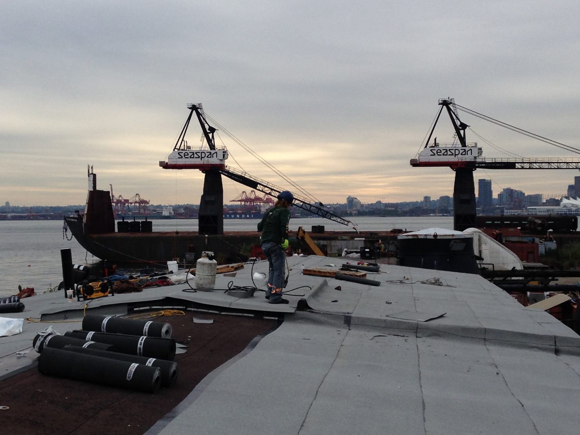 Marine industrial torch-on roofing at Seaspan yard — Roofking project in North Vancouver, BC