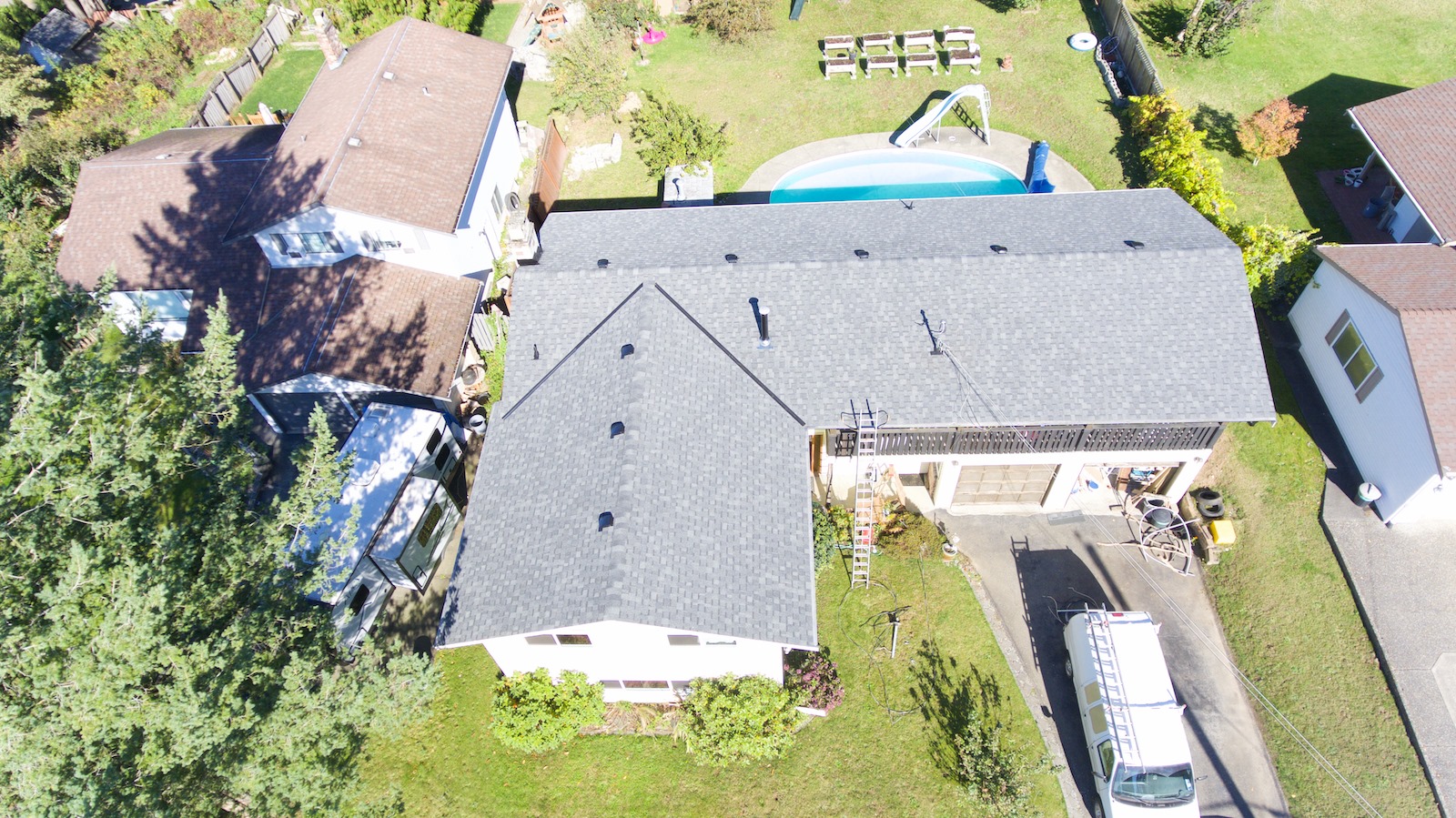 Aerial view of completed residential re-roof — Roofking project in Langley, BC